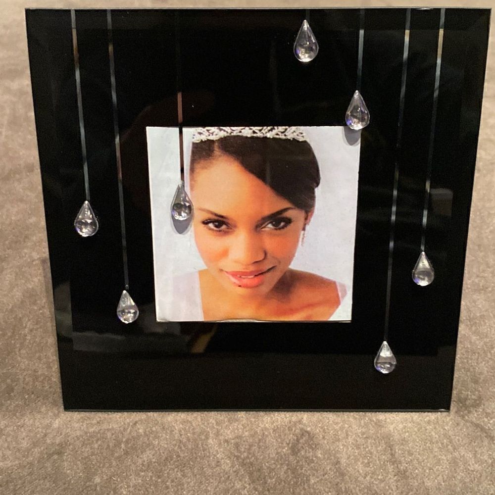 Elegant Black Glass Photo Frame with Silver Detail Easel Back NEW